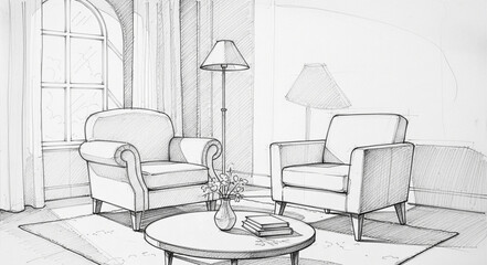 Fototapeta premium Elegant Living Room Sketch with Armchairs and Round Table.