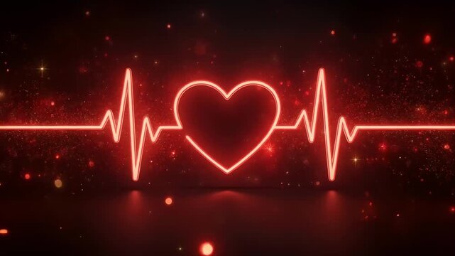 Glowing red heart rhythm pulse animation with sparkling particles floating in smooth motion 4K