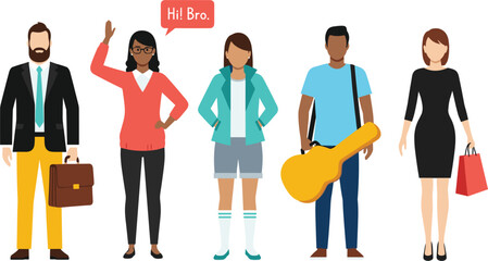 Fototapeta premium Diverse set of professional and casual characters featuring businessman with briefcase musician with guitar and stylish women in various outfits isolated on white background vector illustration.