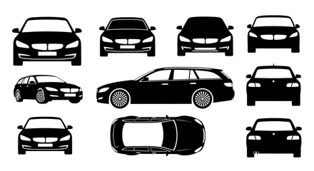 Obraz premium Diverse Car Silhouettes: Front, Side, Top Views of Sedans and Wagons