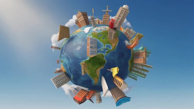 Playful globe spinning in bright sky with famous landmarks including Eiffel Tower in 4K video