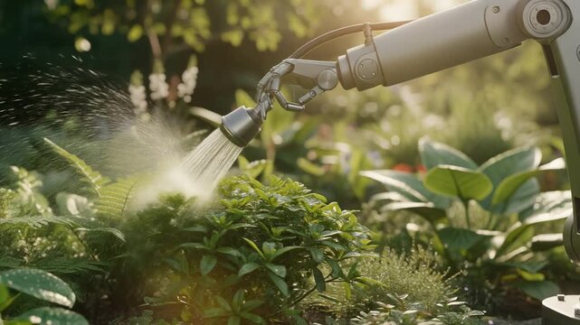 Robotic arm watering a lush garden at sunrise showcasing technology and nature harmony in 4K
