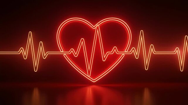 Glowing red neon heart with dynamic electrocardiogram rhythm on dark background in 4K video