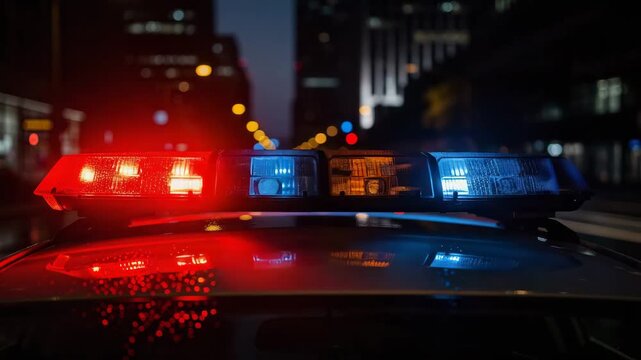 Rainy night city street with vibrant colorful police car lights flashing red blue amber in 4K