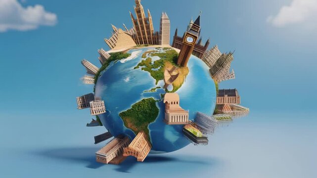 Vibrant spinning globe featuring famous landmarks like Eiffel Tower and Statue of Liberty in stunning 4K