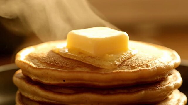 A close-up of warm pancakes with melting butter and steam rising.