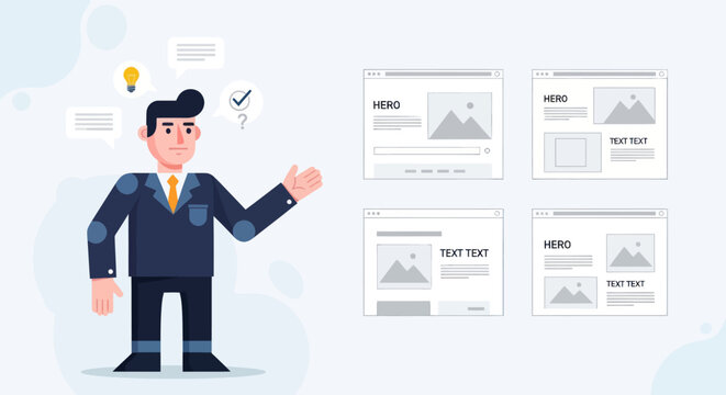 Man presenting website wireframes, UX UI design process, planning and development