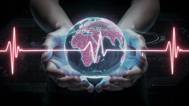 Hands gently holding glowing digital globe with heartbeat lines symbolizing global health and technology