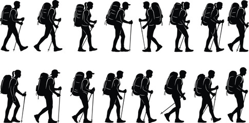 Hiking silhouettes set isolated on white background, people with backpacks and trekking poles, outdoor mountain walking adventure vector illustration collection. © Md