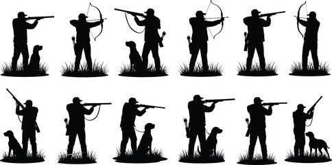 Hunter silhouettes set with hunting dogs rifles and bows isolated on white background, outdoor sport and hobby vector illustration collection. © Md