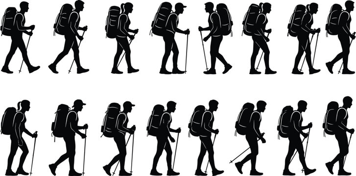 Hiking silhouettes set isolated on white background, people with backpacks and trekking poles, outdoor mountain walking adventure vector illustration collection.