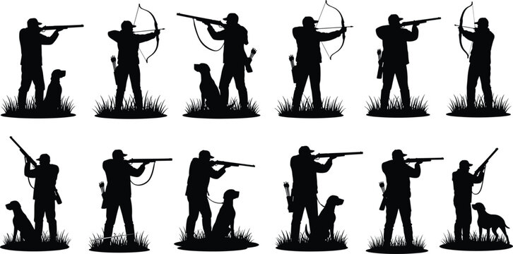 Hunter silhouettes set with hunting dogs rifles and bows isolated on white background, outdoor sport and hobby vector illustration collection.