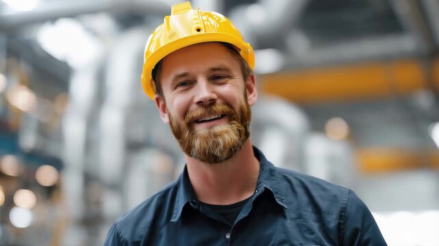 Happy engineer in yellow hard hat smiling in industrial worksite showcasing skilled worker pride and dedication to engineering