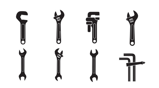 Adjustable Wrenches and Plumbing Fixtures in Silhouette Style for DIY and Construction