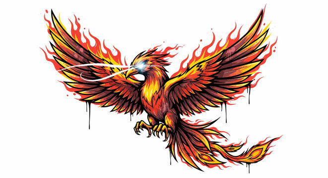 A colorful phoenix bird with flames on its body and wings spread wide