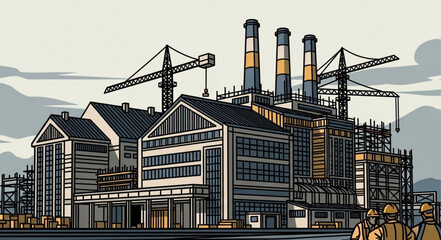 Fototapeta premium Industrial Complex Under Construction with Cranes and Chimneys Illustration.