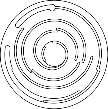 A black line drawing of a circular maze with multiple concentric paths and dead ends