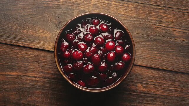bowl of fresh cranberries on rustic wooden table