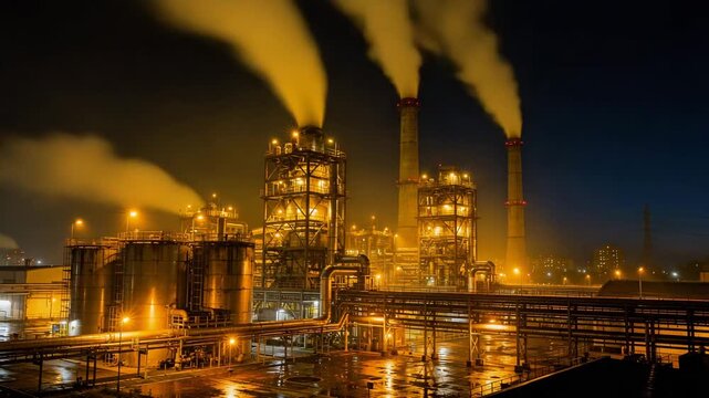 Industrial refinery at dusk with glowing lights and thick smoke in a vast factory complex