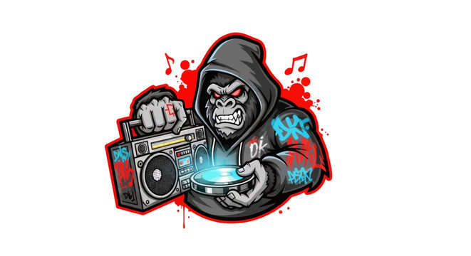 A gorilla in a hoodie holding a boombox and a cd