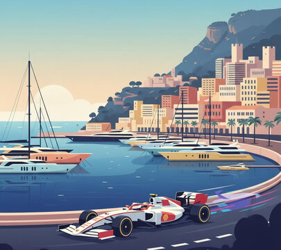 Monaco Grand Prix race car speeding along the scenic waterfront circuit past yachts and cityscape