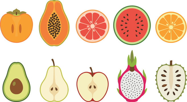 Colorful Fruit Icon Set with Papaya, Citrus Slices, Watermelon, Avocado, Pear, Apple, Dragon Fruit, and Exotic Fruits in Flat Vector Style