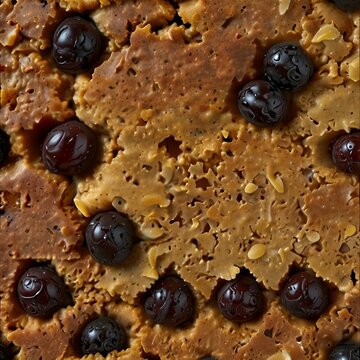 Close-up of raisin spice bar dessert texture with warm bakery background