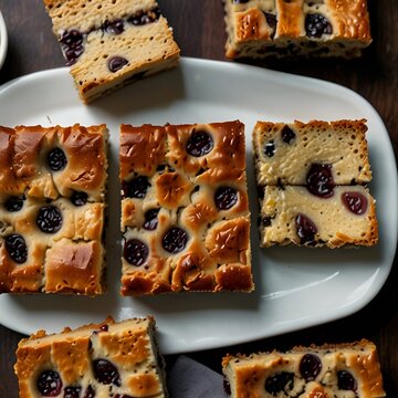 Overhead shot of neatly sliced raisin bars arranged on a plate