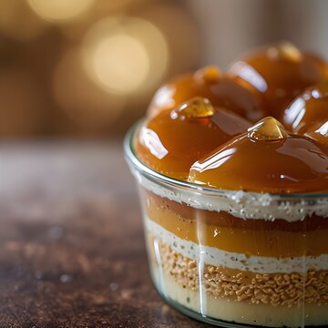 Close-up of caramel dessert with soft bokeh background
