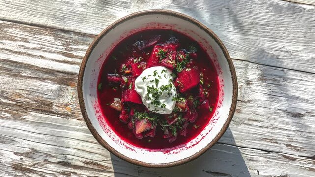 bowl of vibrant borscht with sour cream on rustic table