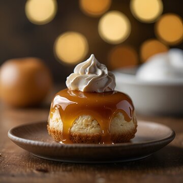 Close-up of caramel dessert with soft bokeh background