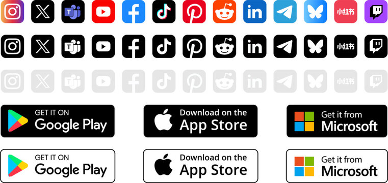 Popular social media platform icons set. Facebook, Twitter, YouTube, Instagram, LinkedIn, TikTok with Google play and App store button vector editable illustration.