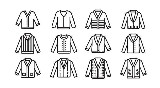 Collection of cardigan jacket outlines on white background for fashion design