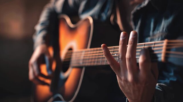 Young man practices acoustic guitar in warm light, focusing on technique and developing musical skills during evening hours at home