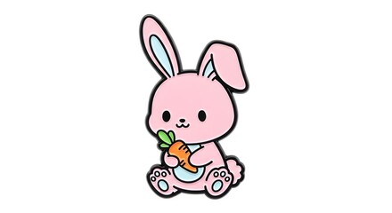 Obraz premium Cute Cartoon Bunny with Pink Fur Holding a Fresh Carrot in a Minimalist Illustration for Childrens Content and Spring Theme Design