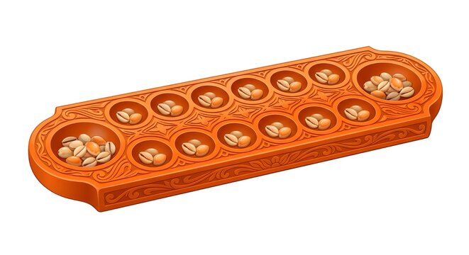 A decorative orange-colored Congkak board with shells or marbles in the holes, a traditional mancala game popular in Southeast Asia.