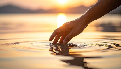 Naklejka premium Hand gently touches calm water, creating ripples during golden hour sunset