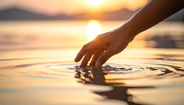 Hand gently touches calm water, creating ripples during golden hour sunset