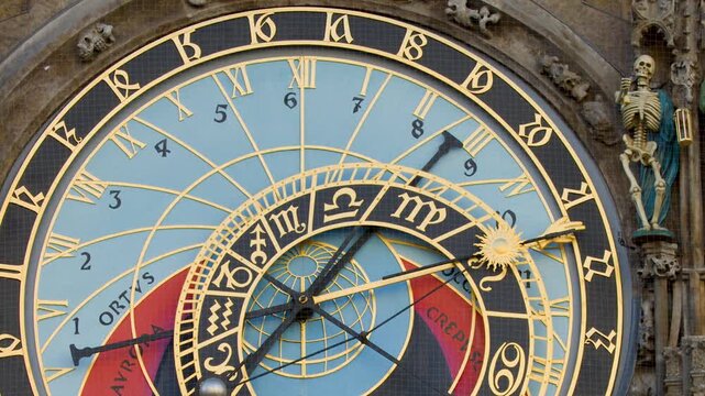 Cinematic pan across Prague astronomical clock showing intricate details of medieval mechanics and symbolic sculptures.