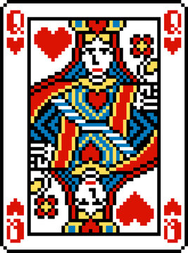A pixel art playing cards deck design, queen of hearts. An original design, each card 55 squares wide by 74 tall. Left Handed 4 corner version