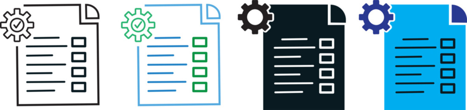Project documentation icon set, professional vector illustration of file management and technical writing symbols.