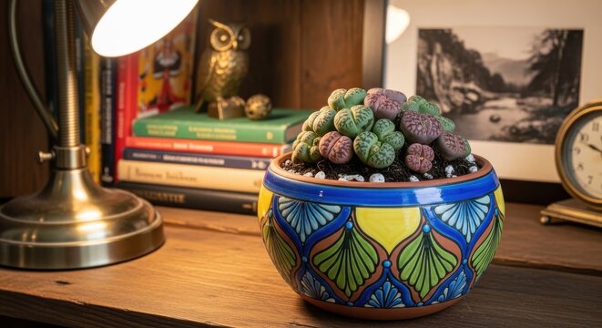 A vibrantly painted ceramic planter holding living lithops succulents on a wooden table with decorative owl and books.