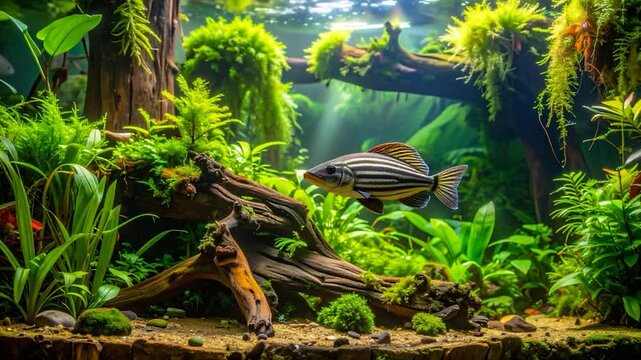 An aquarium scene fish swims among plants, moss, and wood. Sunlight streams