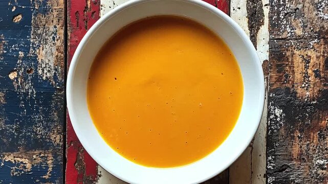 butternut squash soup in white bowl on rustic table