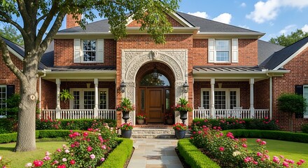 Fototapeta premium A stately brick house with manicured landscaping, a grand entryway, and a lush garden