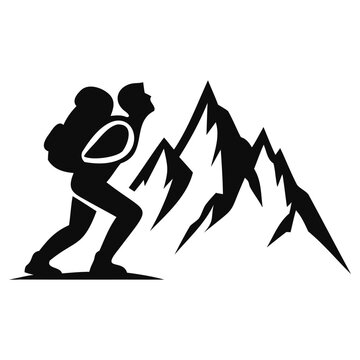This compelling vector graphic illustration depicts a determined adventurer, equipped with a large backpack, embarking on a challenging mountain ascent.