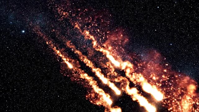 A bright, glowing meteor streaks across a starry night sky with trails