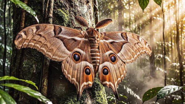 Stunning Tropical Butterfly Resting on Tree Trunk in Lush Rainforest.