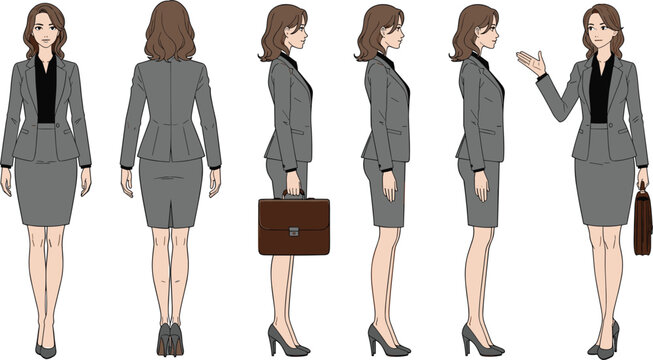 Anime style business woman character sheet featuring front back and side profile views in gray office suit with briefcase for corporate training and professional career presentation designs
