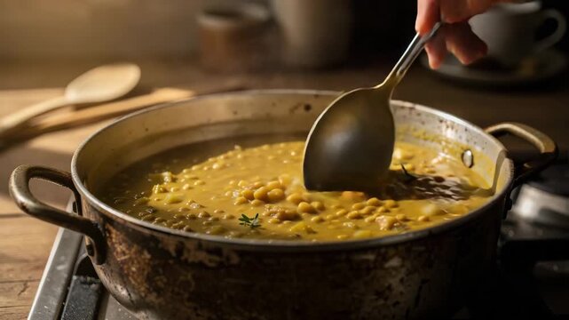 Hearty lentil soup with vegetables and herbs being stirred in a steaming pot cooking meal